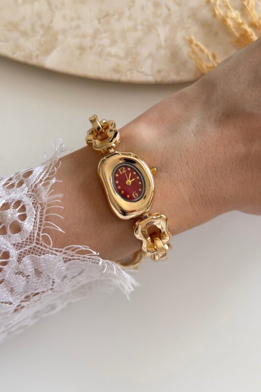 Ruby Bordo Asimetrik Gold Kadın Kol Saati