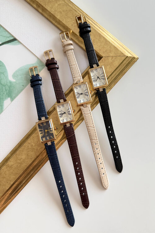 Rush Bej Kare Kadran Deri Dokulu Kordon Kadın Kol Saati (1)