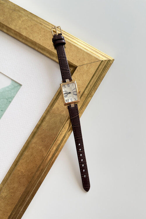 Rush Kahverengi Kare Kadran Deri Dokulu Kordon Kadın Kol Saati