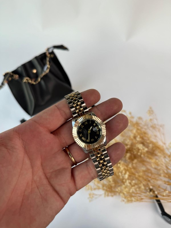 S003 Siyah Silver Gold Çelik Kordonlu Siyah Çerçeveli Kol Saati