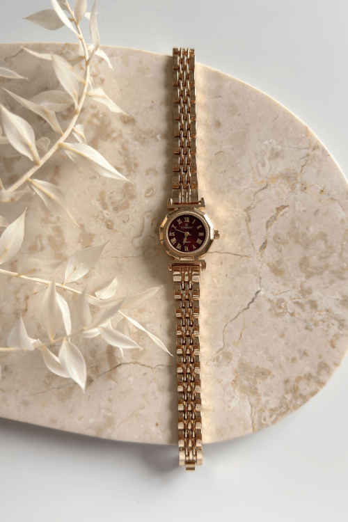 Selora Bordo Gold Kadran Gold Çelik Kordon Kadın Kol Saati 