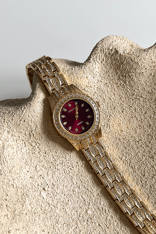 Serel Bordo Taşlı Kadran Gold Çelik Kordon Kadın Kol Saati
