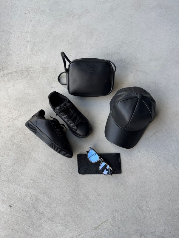 SET31 Siyah Sneaker Suni Deri Mini Çanta Suni Deri Cap Gözlük Dörtlü Set