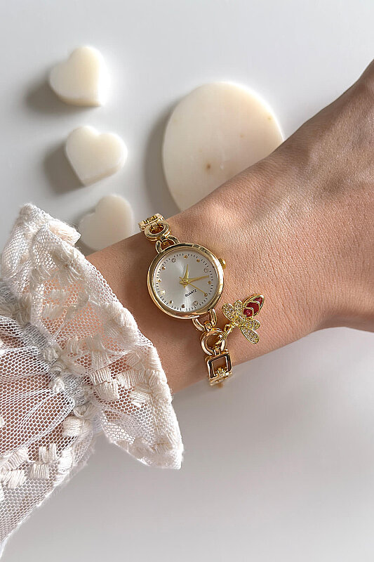 Sia Ekru Kadran Arı Charm Gold Metal Kordon Kadın Kol Saati - 1
