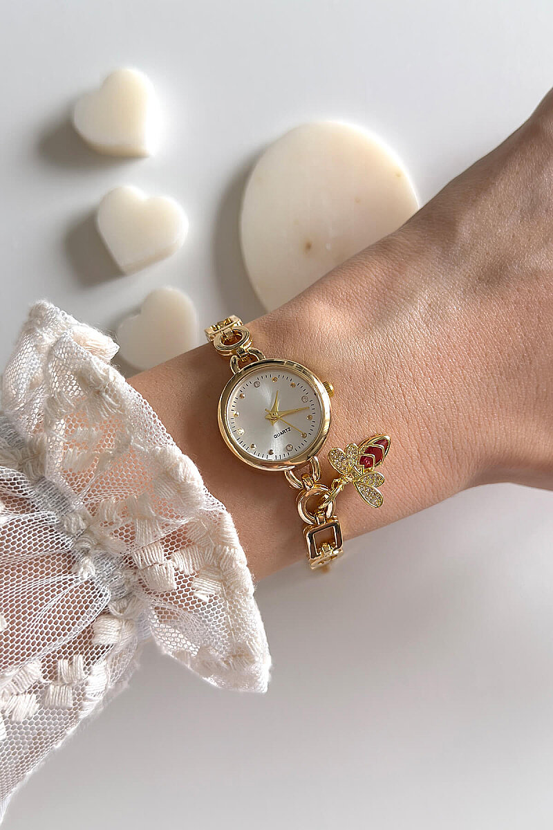 Sia Ekru Kadran Arı Charm Gold Metal Kordon Kadın Kol Saati - 1