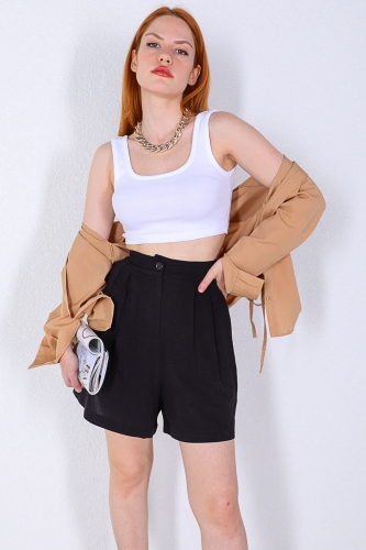 Cappmoda - ŞRT-16019 Siyah Yüksek Bel Keten Kumaş Salaş Şort (1)