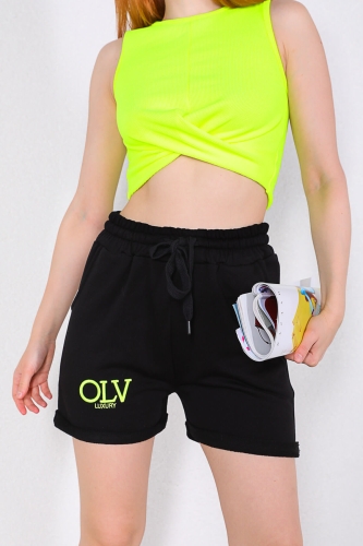 Cappmoda - ŞRT-16020 Siyah OLV Yazı Nakışlı Bel Lastikli Şort (1)