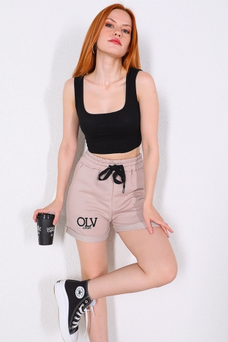Cappmoda - ŞRT-16020 Vizon OLV Yazı Nakışlı Bel Lastikli Şort (1)