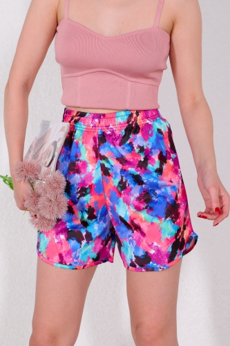 Cappmoda - ŞRT-16021 Mavi Fırça Desen Saten Şort Cappmoda - ŞRT-16021 Mavi Fırça Desen Saten Şort