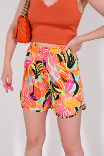 Cappmoda - ŞRT-16021 Turuncu Fırça Desen Saten Şort Cappmoda - ŞRT-16021 Turuncu Fırça Desen Saten Şort