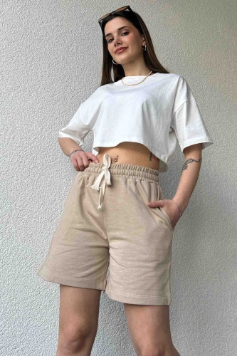 Cappmoda - ŞRT-16025 Vizon İpli Uzun Lastikli Şort Cappmoda - ŞRT-16025 Vizon İpli Uzun Lastikli Şort