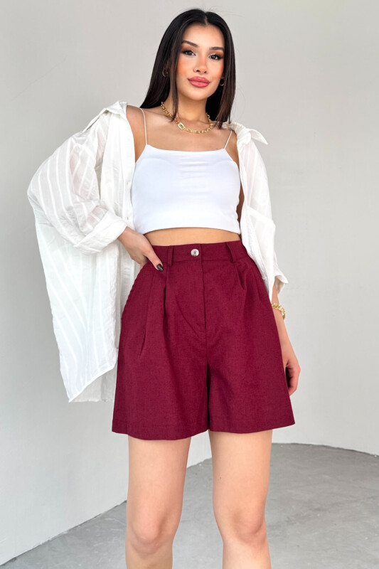 ŞRT-16028 Bordo Cepli Yüksek Bel Kısa Keten Şort - 4