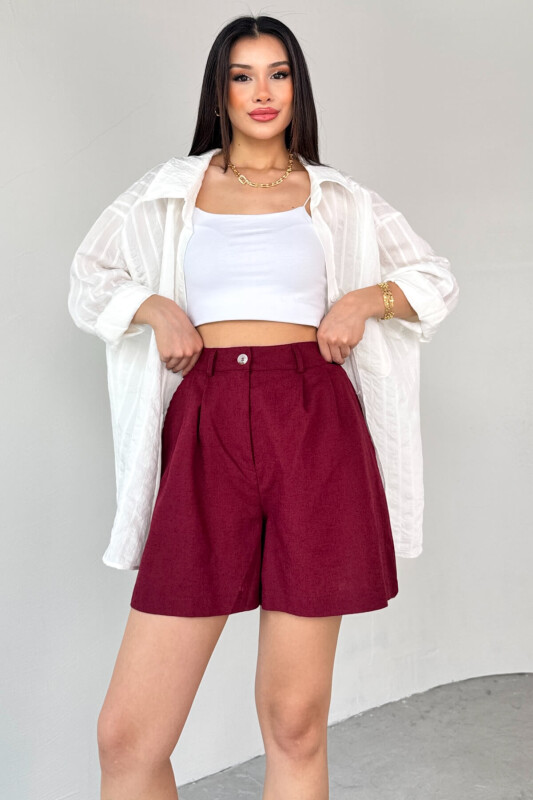 ŞRT-16028 Bordo Cepli Yüksek Bel Kısa Keten Şort - 5