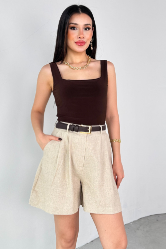 ŞRT-16028 Taş Rengi Cepli Yüksek Bel Kısa Keten Şort - 7
