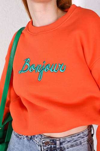 Cappmoda - SWT-014153 Turuncu Bonjour Yazı Nakışlı Üç İplik Şardonlu Salaş Sweatshirt (1)