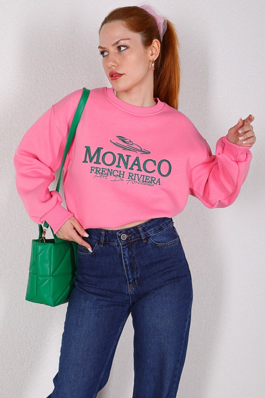 SWT-014154 Pembe Monaco Yazı Nakışlı Üç İplik Şardonlu Salaş Sweatshirt