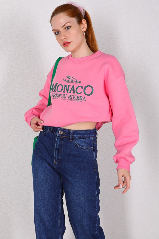 SWT-014154 Pembe Monaco Yazı Nakışlı Üç İplik Şardonlu Salaş Sweatshirt