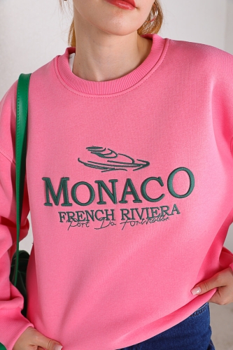 Cappmoda - SWT-014154 Pembe Monaco Yazı Nakışlı Üç İplik Şardonlu Salaş Sweatshirt (1)