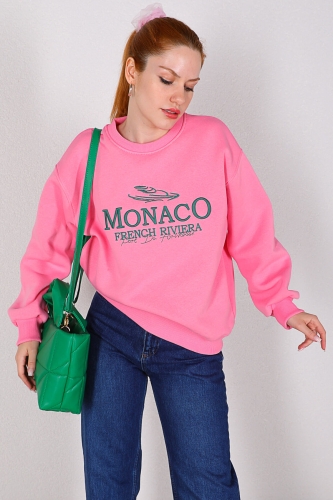 SWT-014154 Pembe Monaco Yazı Nakışlı Üç İplik Şardonlu Salaş Sweatshirt - Thumbnail