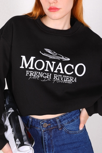 Cappmoda - SWT-014154 Siyah Monaco Yazı Nakışlı Üç İplik Şardonlu Salaş Sweatshirt (1)