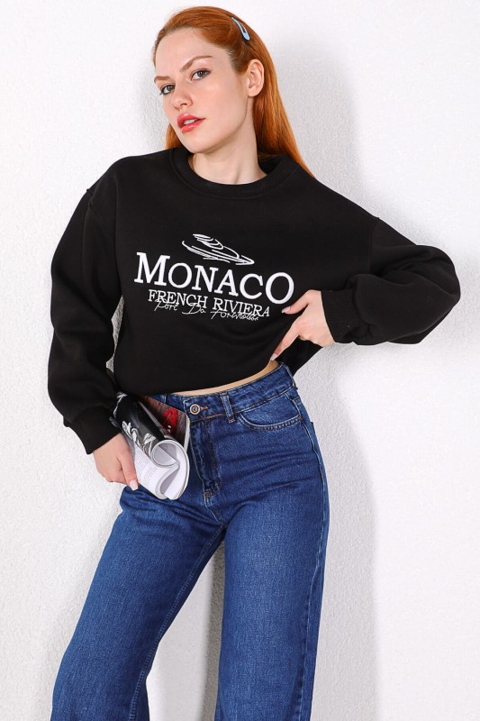 SWT-014154 Siyah Monaco Yazı Nakışlı Üç İplik Şardonlu Salaş Sweatshirt