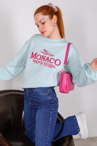 SWT-014154 Su Yeşili Monaco Yazı Nakışlı Üç İplik Şardonlu Salaş Sweatshirt - Thumbnail