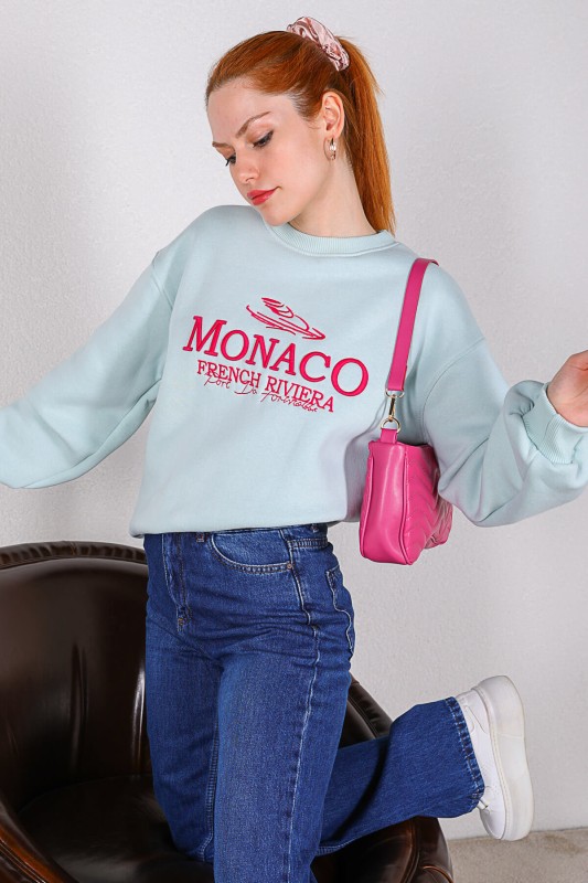 SWT-014154 Su Yeşili Monaco Yazı Nakışlı Üç İplik Şardonlu Salaş Sweatshirt