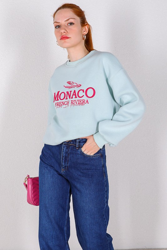 SWT-014154 Su Yeşili Monaco Yazı Nakışlı Üç İplik Şardonlu Salaş Sweatshirt