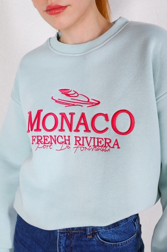 SWT-014154 Su Yeşili Monaco Yazı Nakışlı Üç İplik Şardonlu Salaş Sweatshirt - Thumbnail