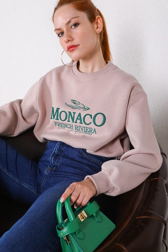 Cappmoda - SWT-014154 Vizon Monaco Yazı Nakışlı Üç İplik Şardonlu Salaş Sweatshirt (1)