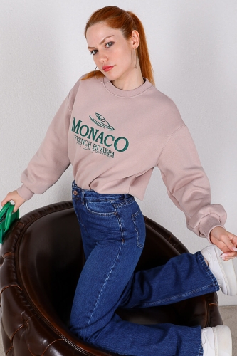 SWT-014154 Vizon Monaco Yazı Nakışlı Üç İplik Şardonlu Salaş Sweatshirt - Thumbnail