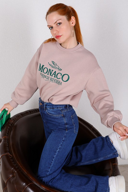SWT-014154 Vizon Monaco Yazı Nakışlı Üç İplik Şardonlu Salaş Sweatshirt
