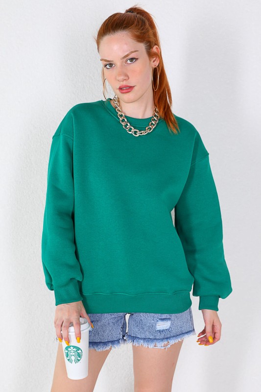 SWT-014157 Koyu Yeşil Yuvarlak Yaka Basic Üç İplik Şardonlu Sweatshirt