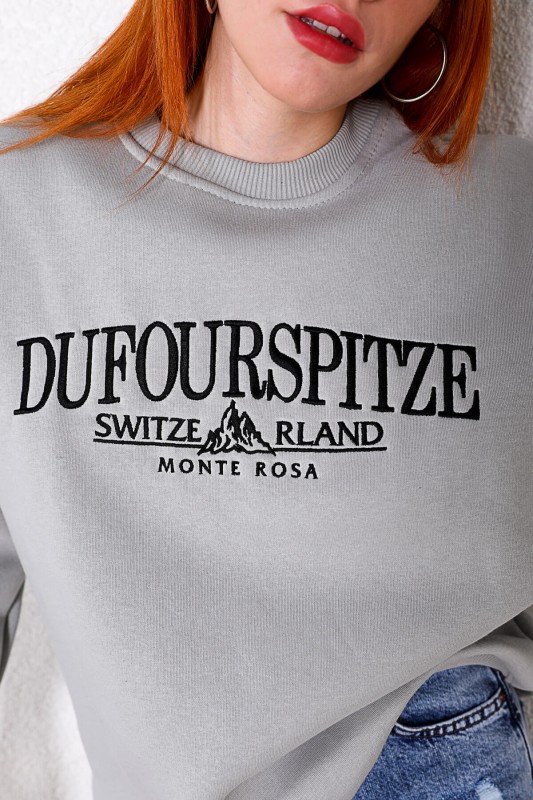 SWT-014159 Boyama Gri Dufourspitze Nakışlı Üç İplik Şardonlu Sweatshirt