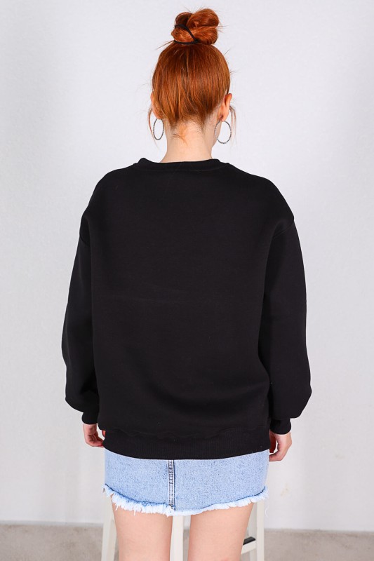 SWT-014160 Siyah Venice Nakışlı Üç İplik Şardonlu Sweatshirt