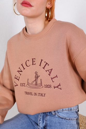 SWT-014160 Vizon Venice Nakışlı Üç İplik Şardonlu Sweatshirt - Thumbnail