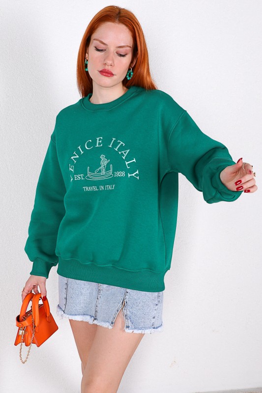 SWT-014160 Yeşil Venice Nakışlı Üç İplik Şardonlu Sweatshirt