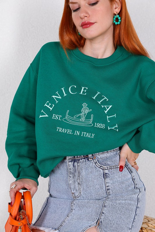 SWT-014160 Yeşil Venice Nakışlı Üç İplik Şardonlu Sweatshirt