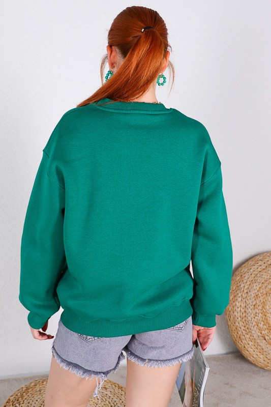 SWT-014161 Koyu Yeşil İnsan İşlemeli Üç İplik Şardonlu Sweatshirt