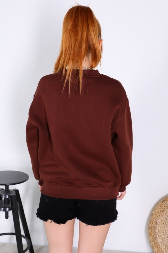 SWT-014162 Kahverengi Couple Nakışlı Üç İplik Şardonlu Sweatshirt - Thumbnail