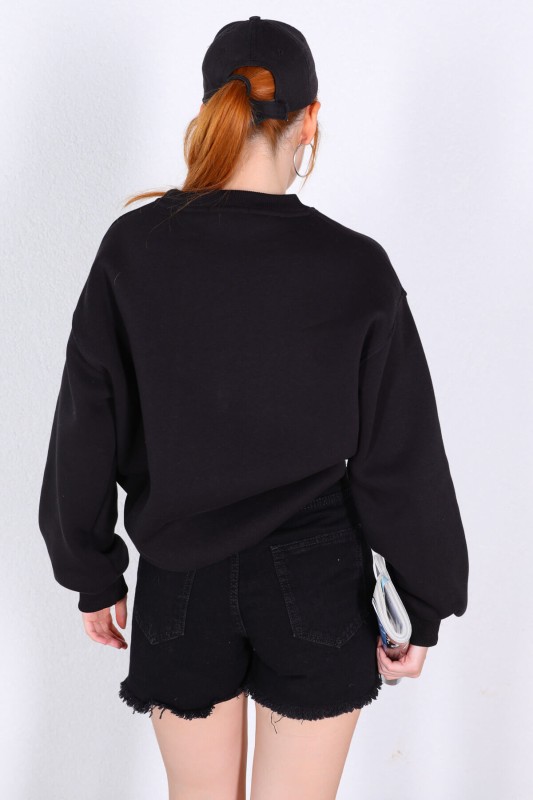 SWT-014162 Siyah Couple Nakışlı Üç İplik Şardonlu Sweatshirt