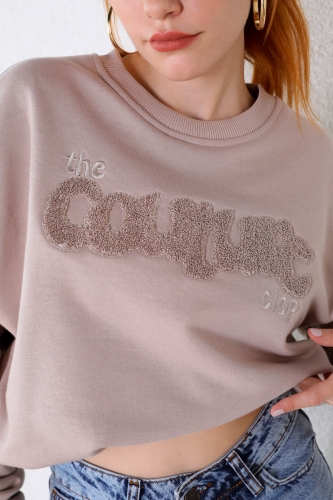 SWT-014165 Taş Rengi Couture Süzene Nakışlı Üç İplik Şardonlu Sweatshirt - Thumbnail