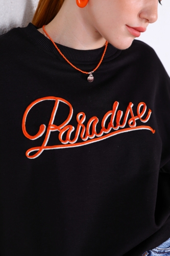 Cappmoda - SWT-014167 Siyah Paradise Yazı Nakışlı Üç İplik Şardonlu Sweatshirt (1)