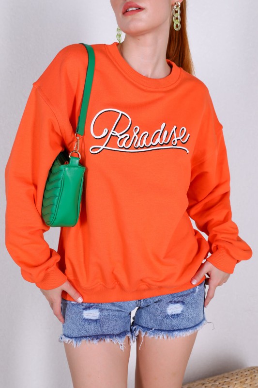 SWT-014167 Turuncu Paradise Yazı Nakışlı Üç İplik Şardonlu Sweatshirt