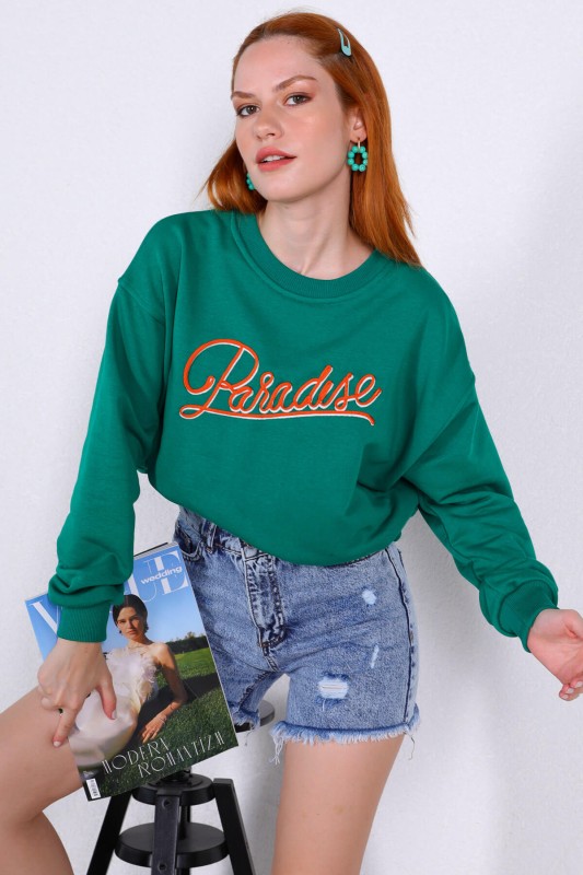 SWT-014167 Yeşil Paradise Yazı Nakışlı Üç İplik Şardonlu Sweatshirt