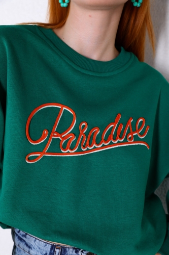 Cappmoda - SWT-014167 Yeşil Paradise Yazı Nakışlı Üç İplik Şardonlu Sweatshirt (1)