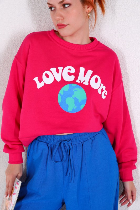 SWT-014174 Pembe Love More Baskılı Üç İplik Şardonlu Sweatshirt
