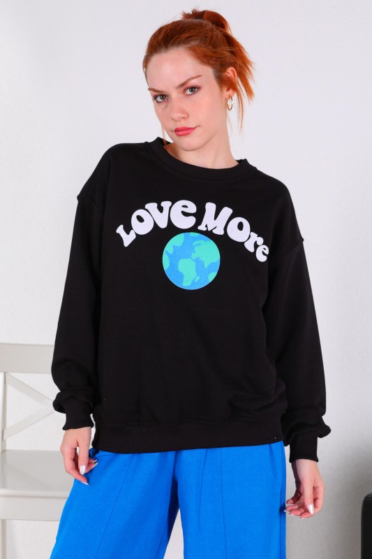 SWT-014174 Siyah Love More Baskılı Üç İplik Şardonlu Sweatshirt