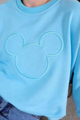 SWT-014176 Bebe Mavi Mouse Nakışlı Üç İplik Şardonlu Sweatshirt - Thumbnail