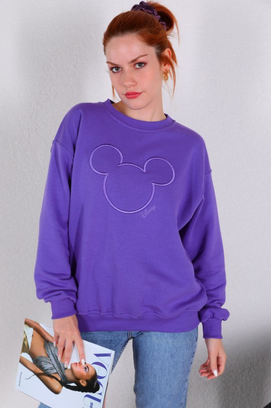 SWT-014176 Mor Mouse Nakışlı Üç İplik Şardonlu Sweatshirt